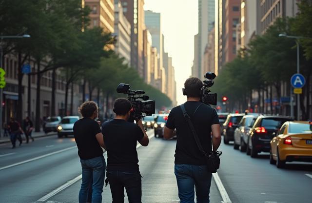 Commercial shoot happening on a busy street in downtown Buenos Aires with crew and equipment