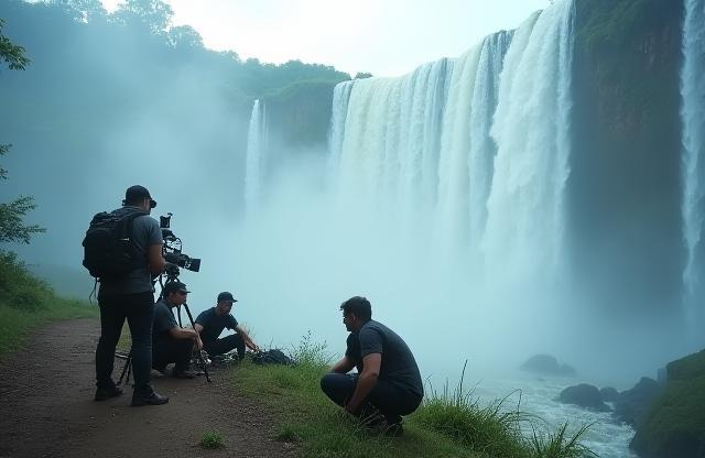 Film crew setting up near Iguazu Falls for a major feature film