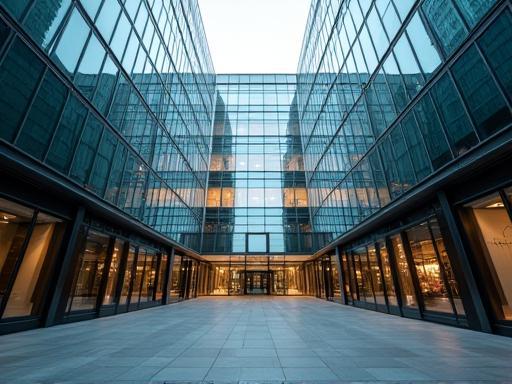 Sleek, modern building facade in a business district, suitable for contemporary settings